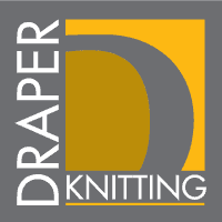 Draper Knitting logo with a stylized 'D' on a gray background